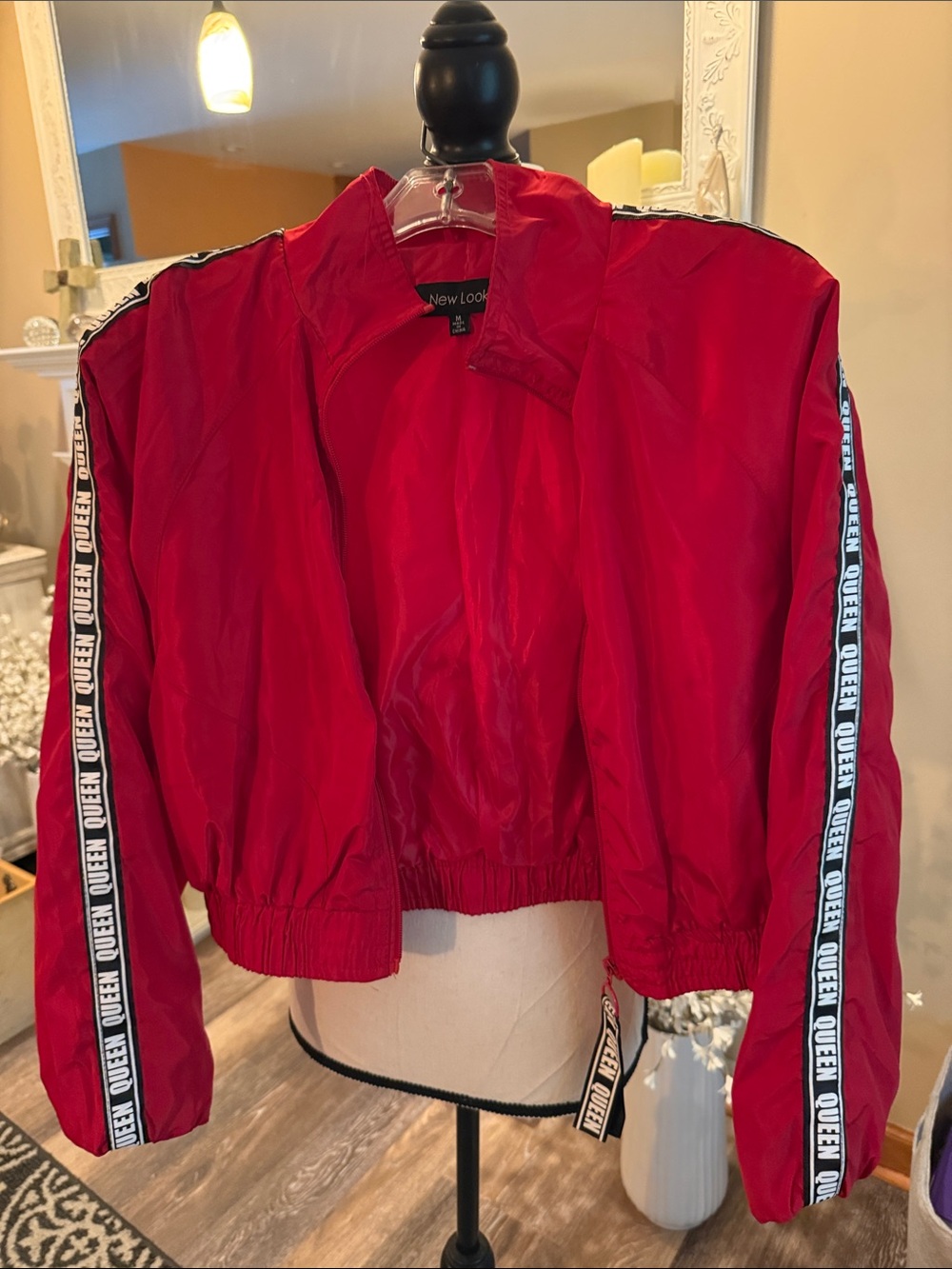 New Look Red Cropped Bomber Jacket with 'QUEEN' Side Tape